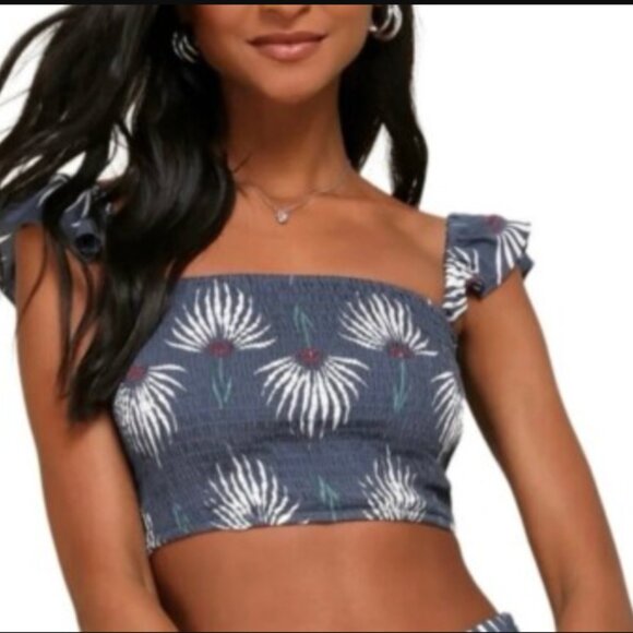 Lulus Trancoso Dusty Blue Floral Smocked Crop Tank Top Size Medium Printed - Picture 1 of 8